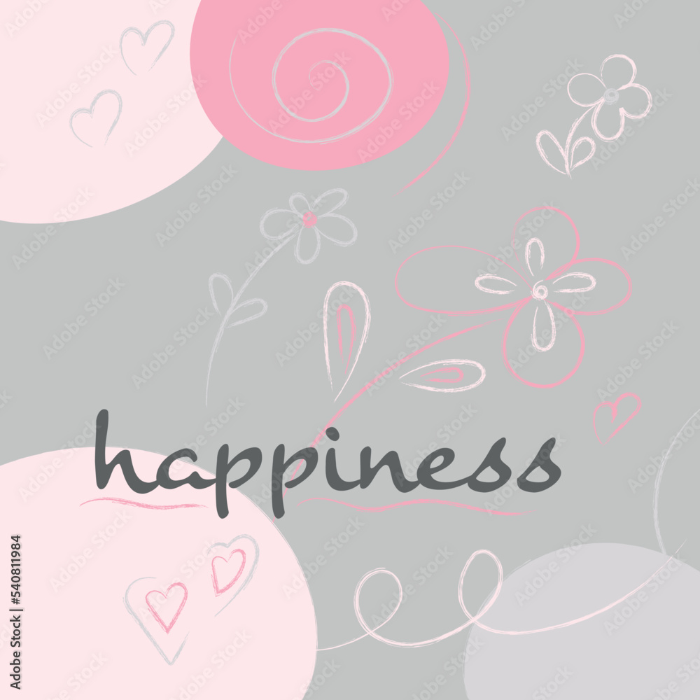 cute postcard gray with pink, pencil, happiness