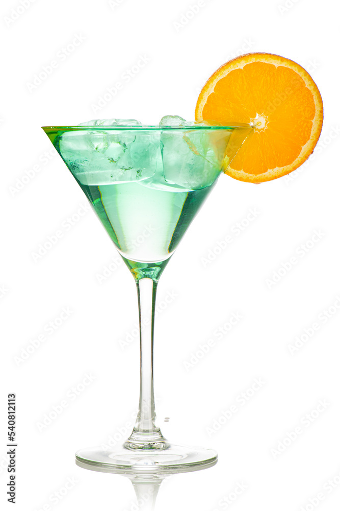 Green drink with ice cubes and orange slice on white background, isolated