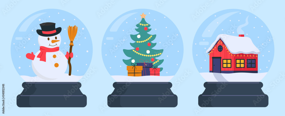 Set Of Snow Globes For Christmas Decoration Glass Ball Vector Illustration In Flat Style Set Of Snow Globes For Christmas Decoration Glass Ball Vector Illustration In Flat Style