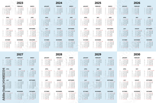 Calendar Planner 2023 - 2030. Calendar template. Design Print Template.