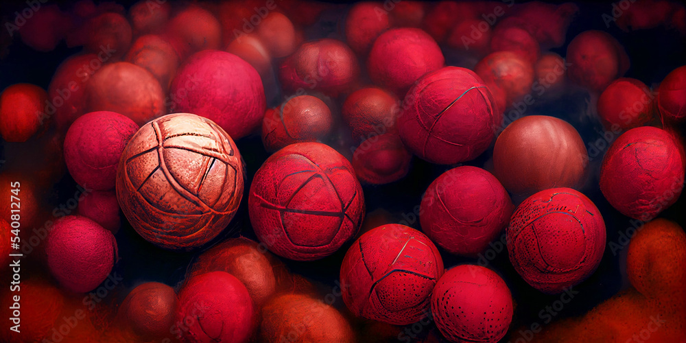 Red woolen threads in a balls for knitting close up, the concept of sewing.