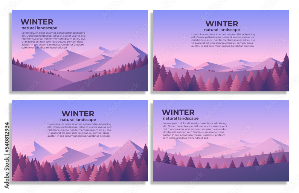 Winter forest and mountains landscape banners