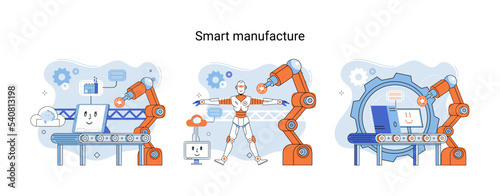 Smart manufacture metaphor with automated production line. Innovative contemporary smart industry product design, delivery and distribution with people, robots and machinery, conveyor assembly line