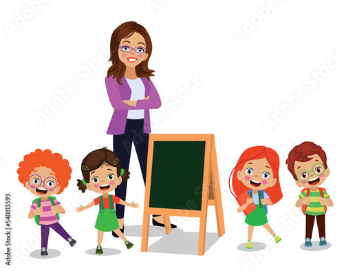 teacher and cute students at blackboard