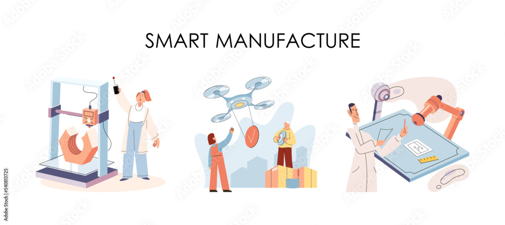 Smart manufacture, automation development metaphor. Innovative smart industry product design, manufacturing process, automated production line, delivery and distribution robots machinery industry 4.0 Smart manufacture, automation development metaphor. Innovative smart industry product design, manufacturing process, automated production line, delivery and distribution robots machinery industry 4.0