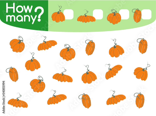 Counting game for preschool children vector illustration. Educational mathematical game. Count how many pumpkins by shapes and write the result. Flat cartoon style 