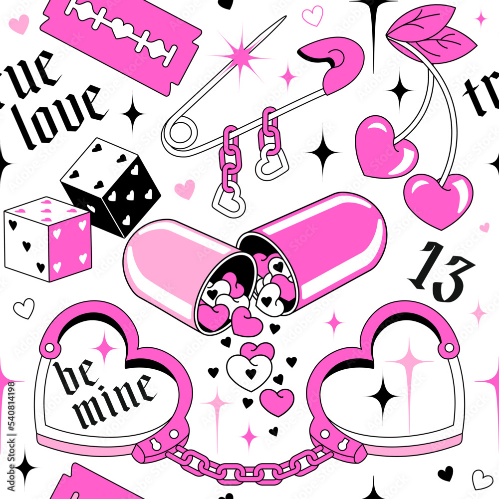 Y2k Creepy Seamless wallpaper. Goth concept of broken love. Emo gothic  background with pill, handcuffs, chain, heart. Glamour pink teen girl's  background in weird style. Fun 90s, 00s aesthetic. Stock Vector