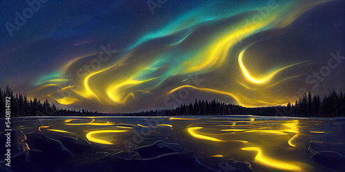 Arctic aurora borealis over night lake polar lights natural landscape northern.