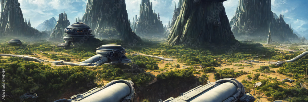 city on an alien planet, extraterrestrial buildings in beautiful landscape, background banner