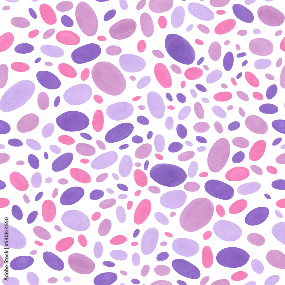 Seamless pattern of spots in the shape of an ellipse. Background of purple, pink and lilac ovals. Marker Art