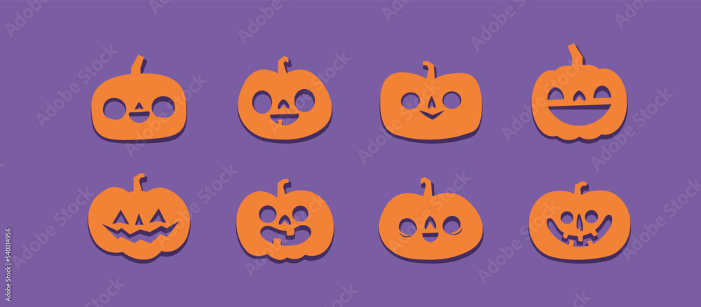 Halloween carved pumpkins. Jack O lantern flat icons. Halloween carved pumpkins. Jack O lantern flat icons.