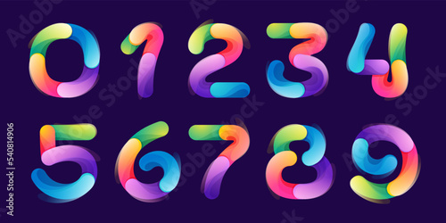 Numbers set made of overlapping colorful lines. Rainbow vivid gradient modern icons.
