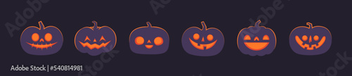 Set of carved halloween pumpkins. Jack o Lantern glowing inside with smile for your design for the holiday. Cute and fun vector illustration.