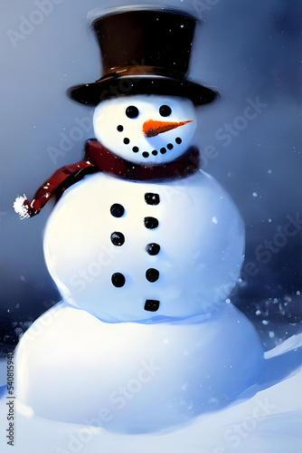 portrait of a happy snowman with hat and scarf in the snow - painting - illustration - drawing - oil on canvas © 39