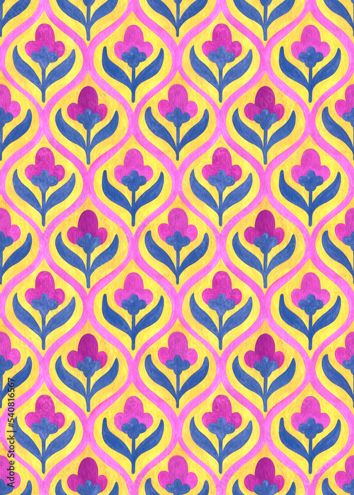 Ogee seamless pattern. The ornament is drawn with gouache on paper. Handmade. Grunge texture. Floral print for home textiles.