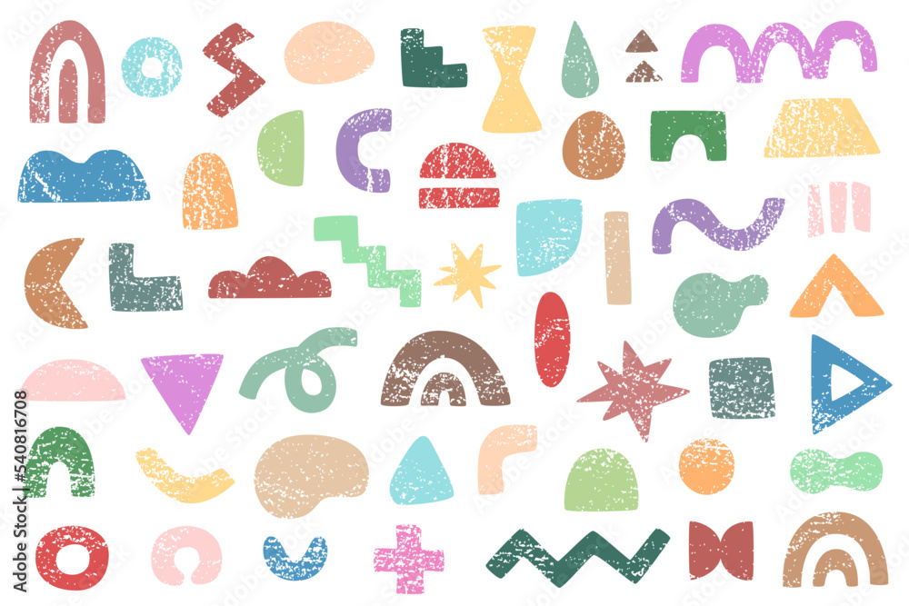 Vector set of abstract modern elements with texture. Hand drawn aesthetic, boho doodles.