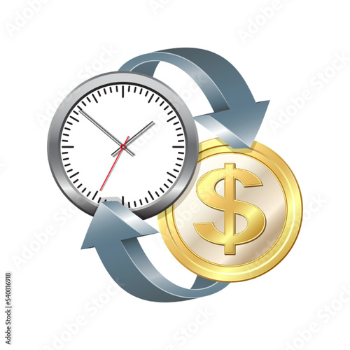 Time is money concept, office clock with dollar coin realistic icon and arrows