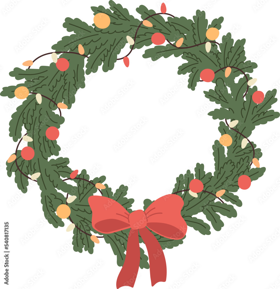 Fototapeta premium Cartoon Christmas wreath, garlands, fir tree branches and red bow. Holidays decoration on white background. New Year design. Flat vector illustration.