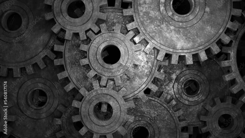Rusty mechanical gears. Old machinery details. 3d animation