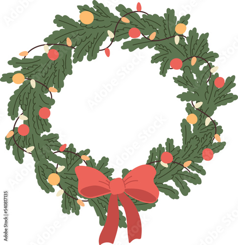 Cartoon Christmas wreath, garlands, fir tree branches and red bow. Holidays decoration on white background. New Year design. Flat vector illustration.