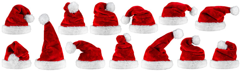 big set collection of red santa claus christmas hat seasonal design pattern isolated white background