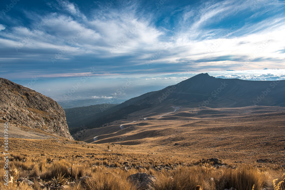 View outside of Volcano Nevado de Toluca National park with lakes inside the crater in Mexico in the morning blue sky - landscape near of Mexico City - Xinantecatl