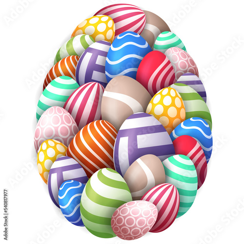 Happy easter eggs. Many beautiful multi-colored realistic eggs are laid out in the shape of a large egg