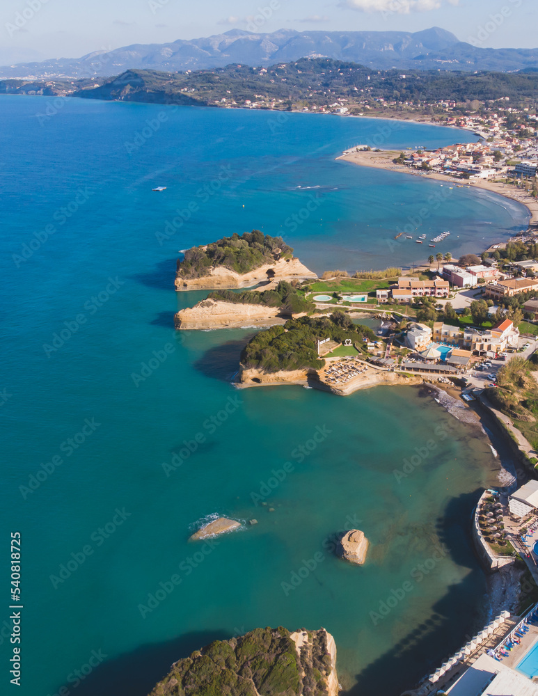 Sidari, beautiful aerial drone landscape of Canal d’Amour (Love Channel), Corfu island, Greece, with turqoise water and sea beach, Kerkyra, Ionian islands, summer sunny day