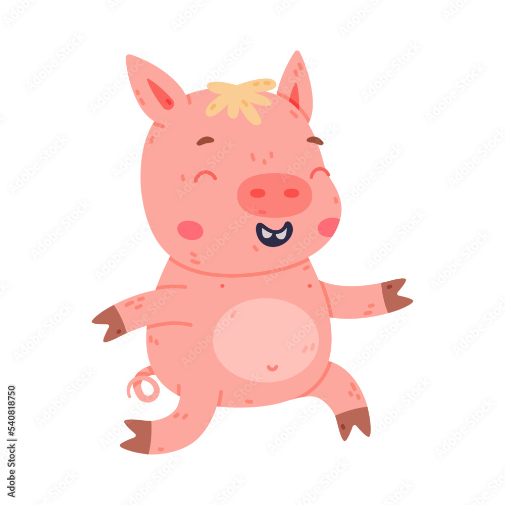 Funny Pink Piggy Character with Hoof Running and Smiling Vector Illustration Funny Pink Piggy Character with Hoof Running and Smiling Vector Illustration
