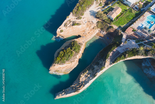 Sidari, beautiful aerial drone landscape of Canal d’Amour (Love Channel), Corfu island, Greece, with turqoise water and sea beach, Kerkyra, Ionian islands, summer sunny day photo