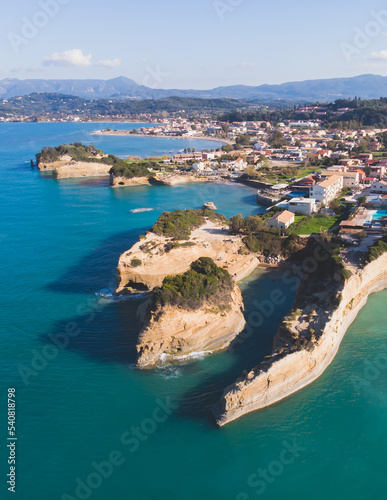 Sidari, beautiful aerial drone landscape of Canal d’Amour (Love Channel), Corfu island, Greece, with turqoise water and sea beach, Kerkyra, Ionian islands, summer sunny day