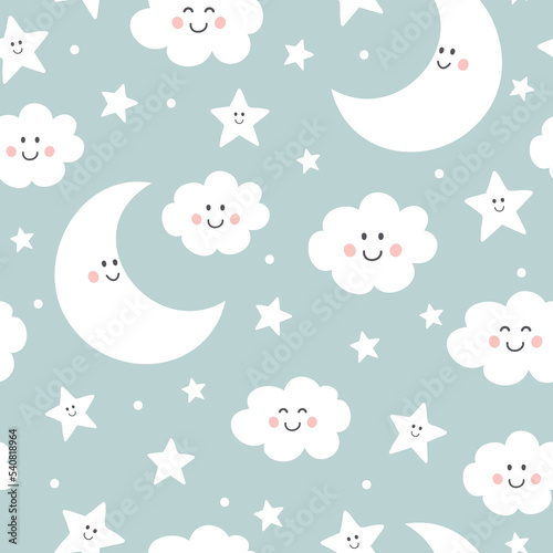 Seamless pattern with cute moon, clouds and stars. Background for babies. Vector illustration.