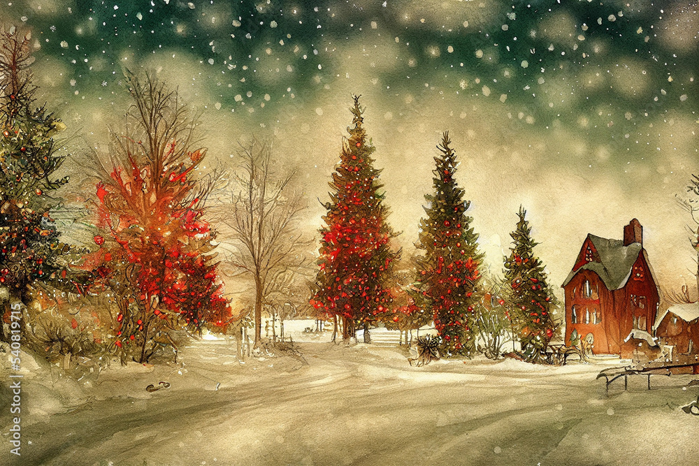 Christmas and New Year Watercolor illustration. Winter landscape with christmas tree.