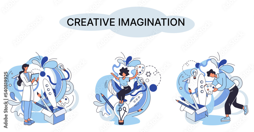 Fototapeta premium Creative mind, imagination or brainstorm or originative idea concept. Creative imagination. Phantasy space and creativity. Phantasy flow and creativity metaphor, fantasies in mind. Vision development