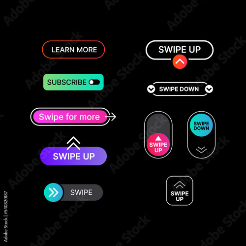 Big Set of Swipe Up, Swipe Down, Swipe for More, Learn More, Subscribe Illustrations. Social Media UI Concept in Minimalistic Colorful Design on Black Background. Web Element for Mobile Applications