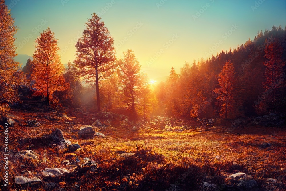 Beautiful autumn trees in the evening forest. Autumn forest at sunset. 3d rendering - obrazy, fototapety, plakaty 