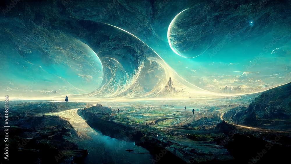 futuristic space planet landscape HD wallpaper desktop background Stock  Illustration | Adobe Stock