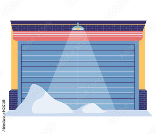 Garage door from various material with mechanical or automatic control system. Roller gate in premises for storing vehicles. Roll door in garage, car house storage isolated on white background