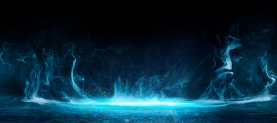 Abstract image of dark room concrete floor. Black room or stage background for product placement.Panoramic view of the abstract fog. White cloudiness, mist or smog moves on black background. 