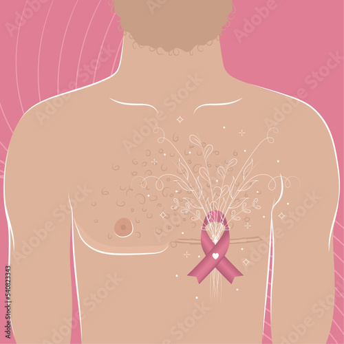 Breast cancer awareness poster Man body covering one breast Vector illustration