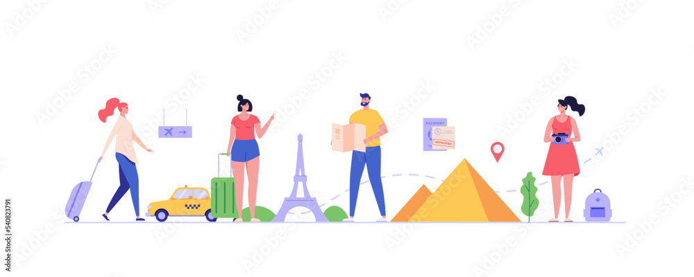 Concept of tourist visa, travel, approved visa, tourist guide. Young tourists with guide map visit world attractions and landmarks. People travel abroad with foreign passport. Vector illustration