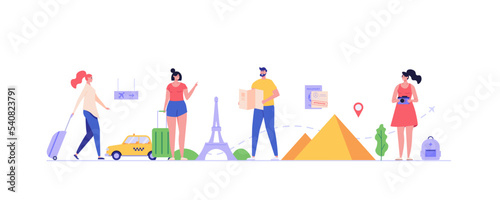 Concept of tourist visa, travel, approved visa, tourist guide. Young tourists with guide map visit world attractions and landmarks. People travel abroad with foreign passport. Vector illustration