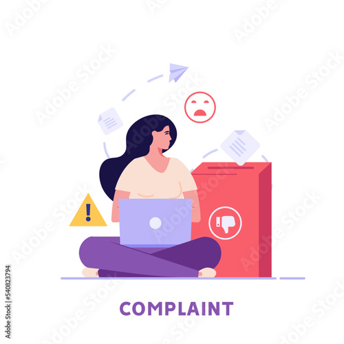 User filling complaint form. Client giving negative feedback at rating scale. Concept of bad review, negative feedback, complaint, dislike. Bad user experience. Vector illustration flat design photo