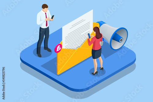 Isometric Email Notification Concept. Message Online Chat Social Text Concept. Spam. New Email, Messaging, Email marketing