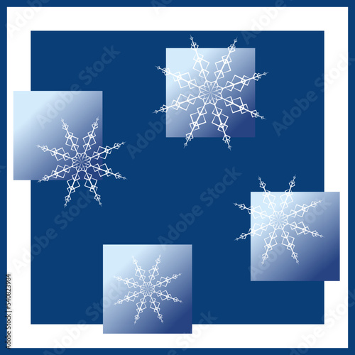 Abstract background of white snowflakes in blue squares. Vector design.