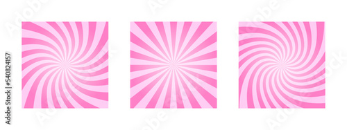 Pink circus, carnival or festival backgrounds. Rosy sunset, twisted stipes, pinwheel pattern. Strawberry bubble gum, sweet lollipop candy, ice cream texture. Clipping mask. Vector cartoon illustration