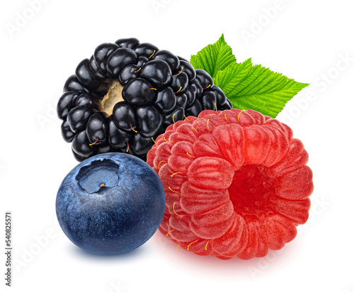 Blueberry, raspberry and blackberry isolated on white background