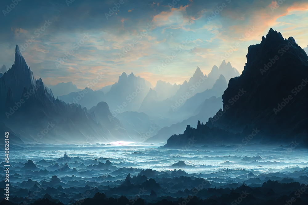 Illustration of mountains, dramatic panoramic view, foggy and mysterious mountain massif, fantasy art, 3d illustration