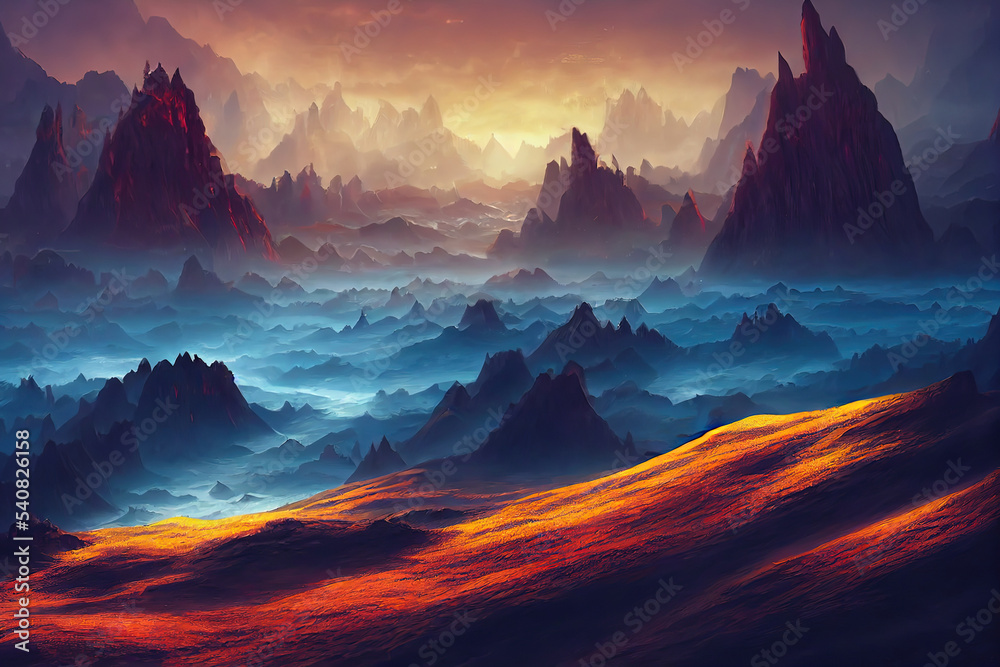 Illustration of mountains, dramatic panoramic view, foggy and mysterious mountain massif, fantasy art, 3d illustration