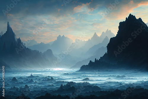 Illustration of mountains, dramatic panoramic view, foggy and mysterious mountain massif, fantasy art, 3d illustration © Mighty